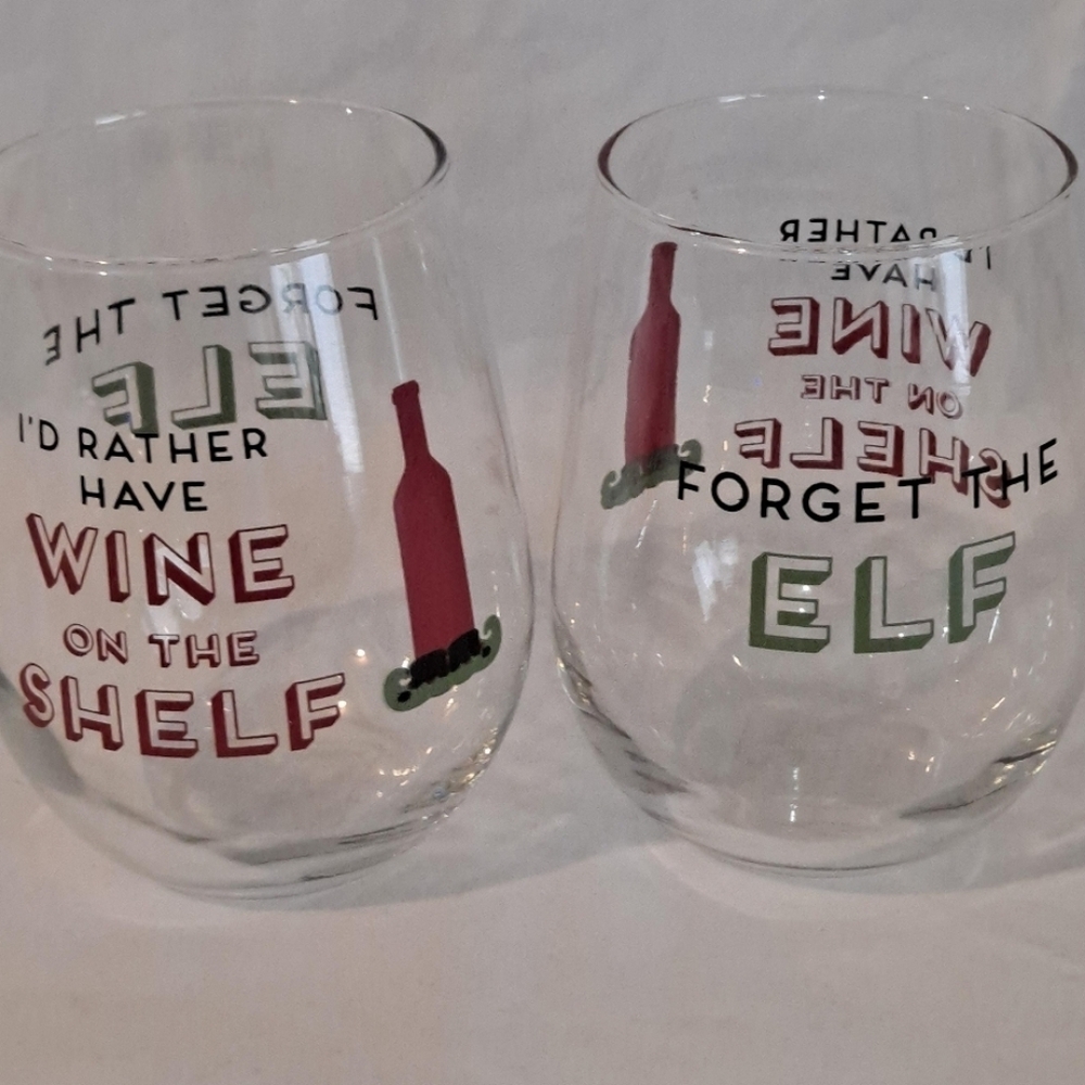 Forget The Elf I'd Rather Have Wine On The Shelf Stemless Wine Glass Holiday Set